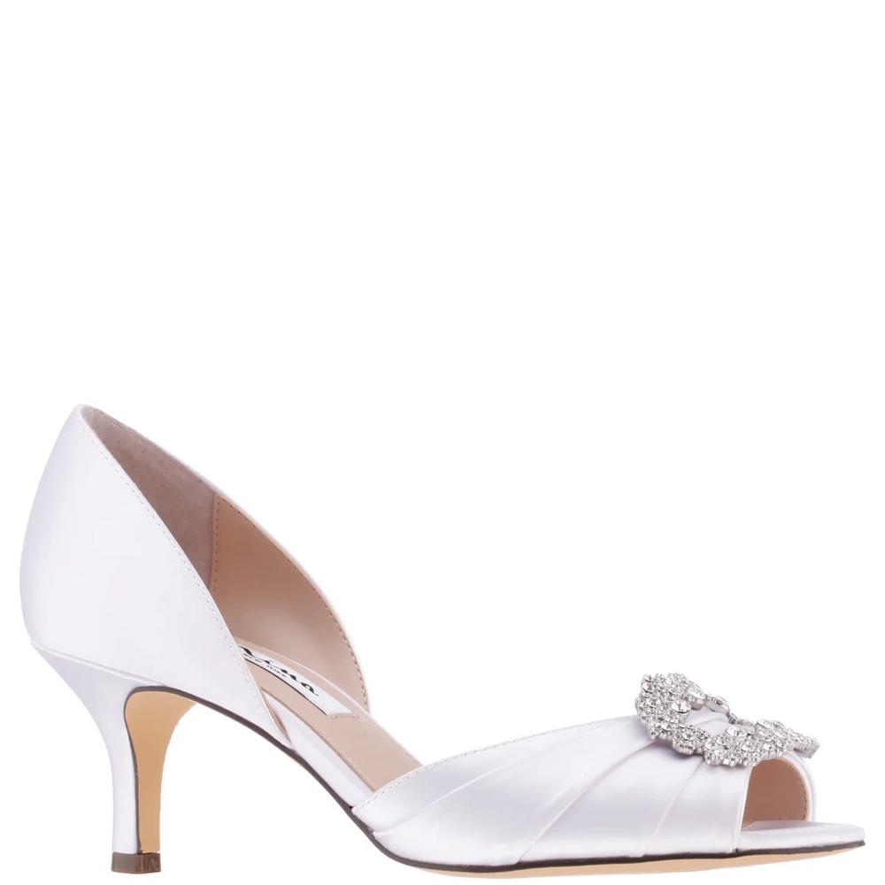 Nina Corrine White Satin Peep-Toe Heels with Crystal Embellishment Size 10